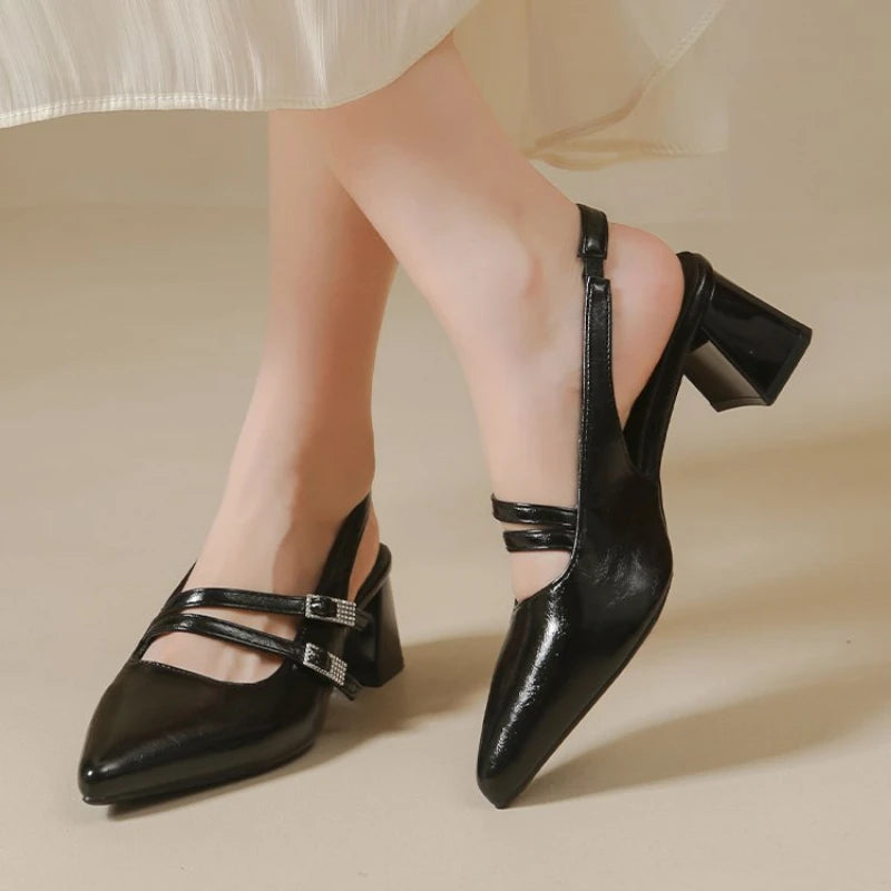 Zapatos de Tacón Ancho con Punta en Pico y Tira Trasera para Mujer, Estilo Francés Chic, Minimalistas, para Oficina, Vestir, Sandalias Casuales con Hebilla para Fiesta