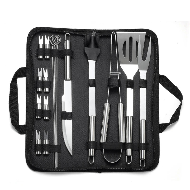 LMETJMA Juego de accesorios para parrilla de barbacoa, kit de utensilios de acero inoxidable para barbacoa con estuche, kit de utensilios prácticos portátiles para parrilla
