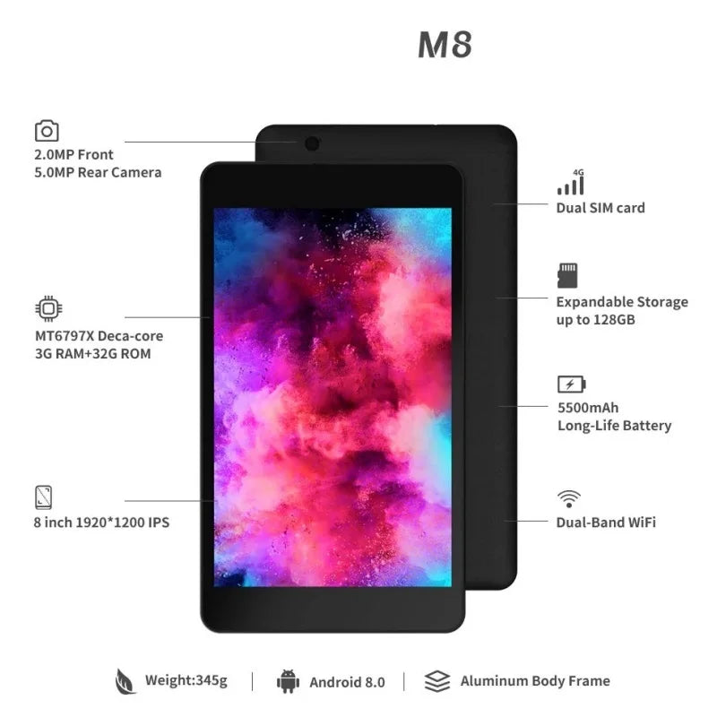 Tableta telefónica 4G de 10 núcleos MTK6797 Android 8,0 8 "1920x1200 píxeles 3GB RAM 32GB ROM WIFI GPS Bluetooth 4,2 tarjeta SIM Dual