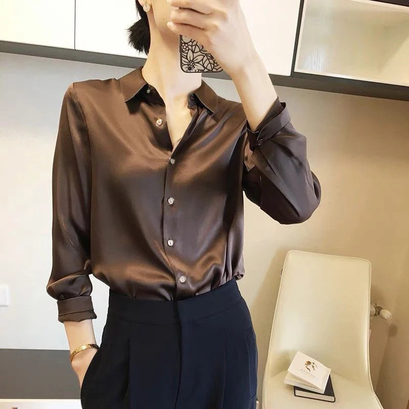 Camisa Satinada de Manga Larga para Mujer, Estilo Elegante