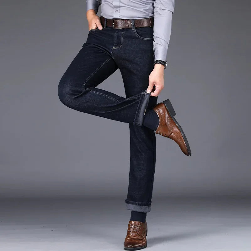 Pantalones Vaqueros de Lana Cálidos para Hombre, Gruesos, Negro y Azul