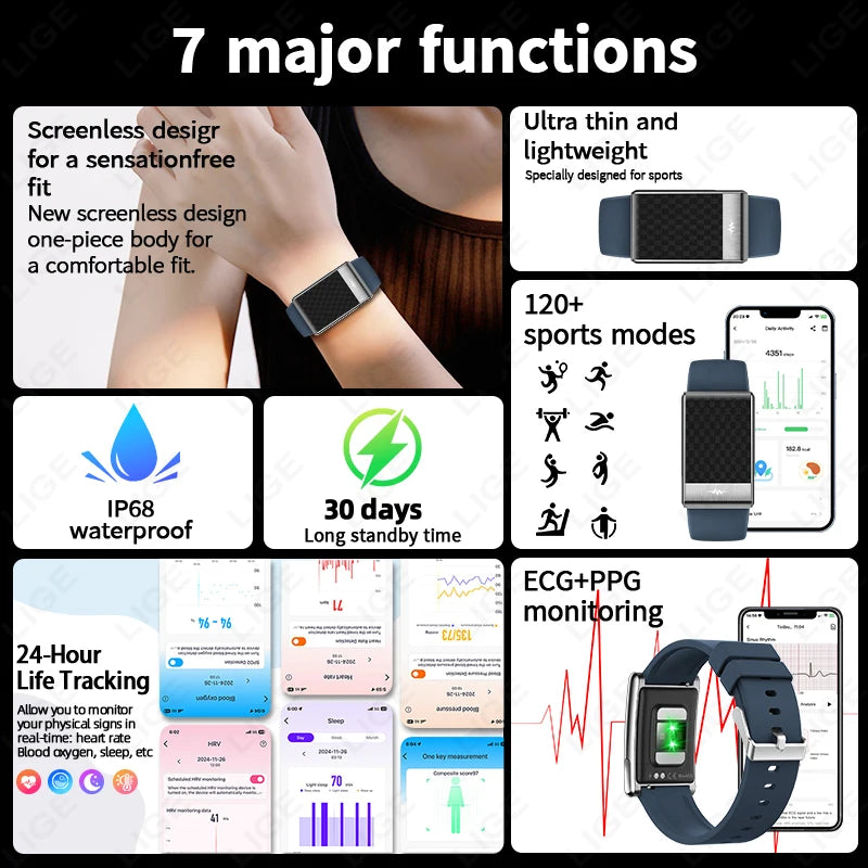 Pulsera inteligente ECG con monitor de salud, frecuencia cardíaca y ácido úrico, IP68