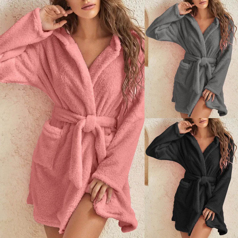 Otoño Invierno mujer bata de baño Sexy pijamas de felpa esponjosos señoras con capucha vestido de Color sólido Albornoz cálido ropa de descanso femenina