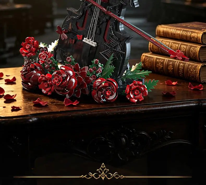 Set de Bloques de Construcción de Violín con Corona de Rosas y Cruz de la Serie Noche Gótica, Modelo MOC, Juguete de Ensamblaje, Adorno de Escritorio, Regalo de Cumpleaños