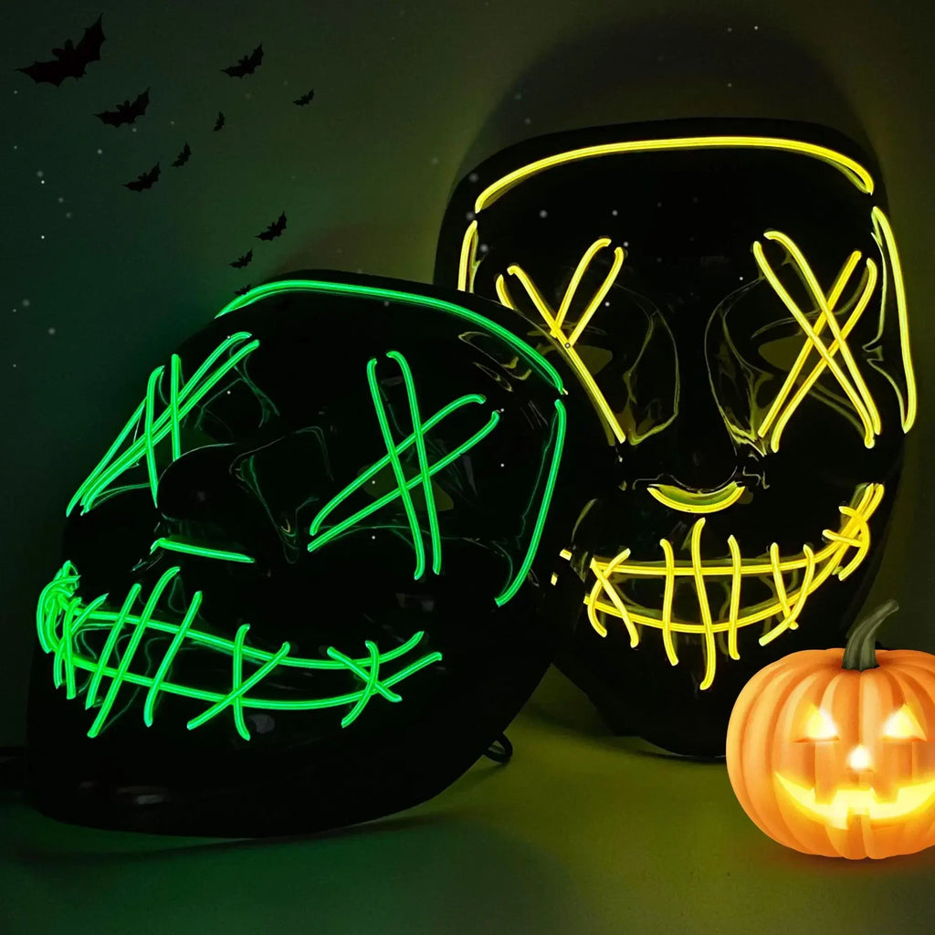 Máscara LED de neón iluminada inalámbrica para Halloween, máscara de terror, accesorio para disfraces de carnaval, cosplay y fiestas.