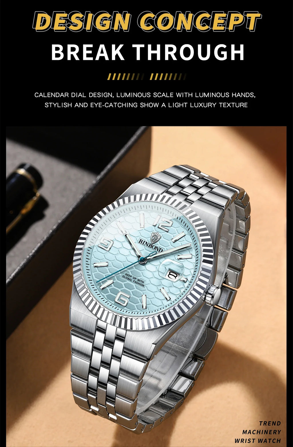 Reloj de Cuarzo BINBOND para Hombre, Esfera Luminosa, Acero Inoxidable