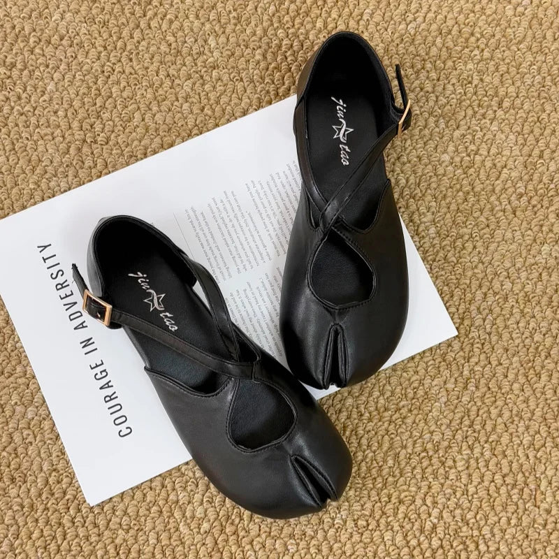Zapatos Planos de Mujer con Punta Dividida, Estilo Mary Jane, Minimalistas, con Tira Cruzada, de Cuero PU Liso, Zapatos de Ballet, Estilo Francés Chic, Casuales, para Caminar