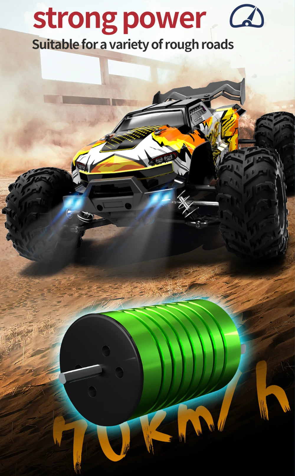 Coche RC Todoterreno 1:16 4WD sin Escobillas, 70 KM/H con Luces LED