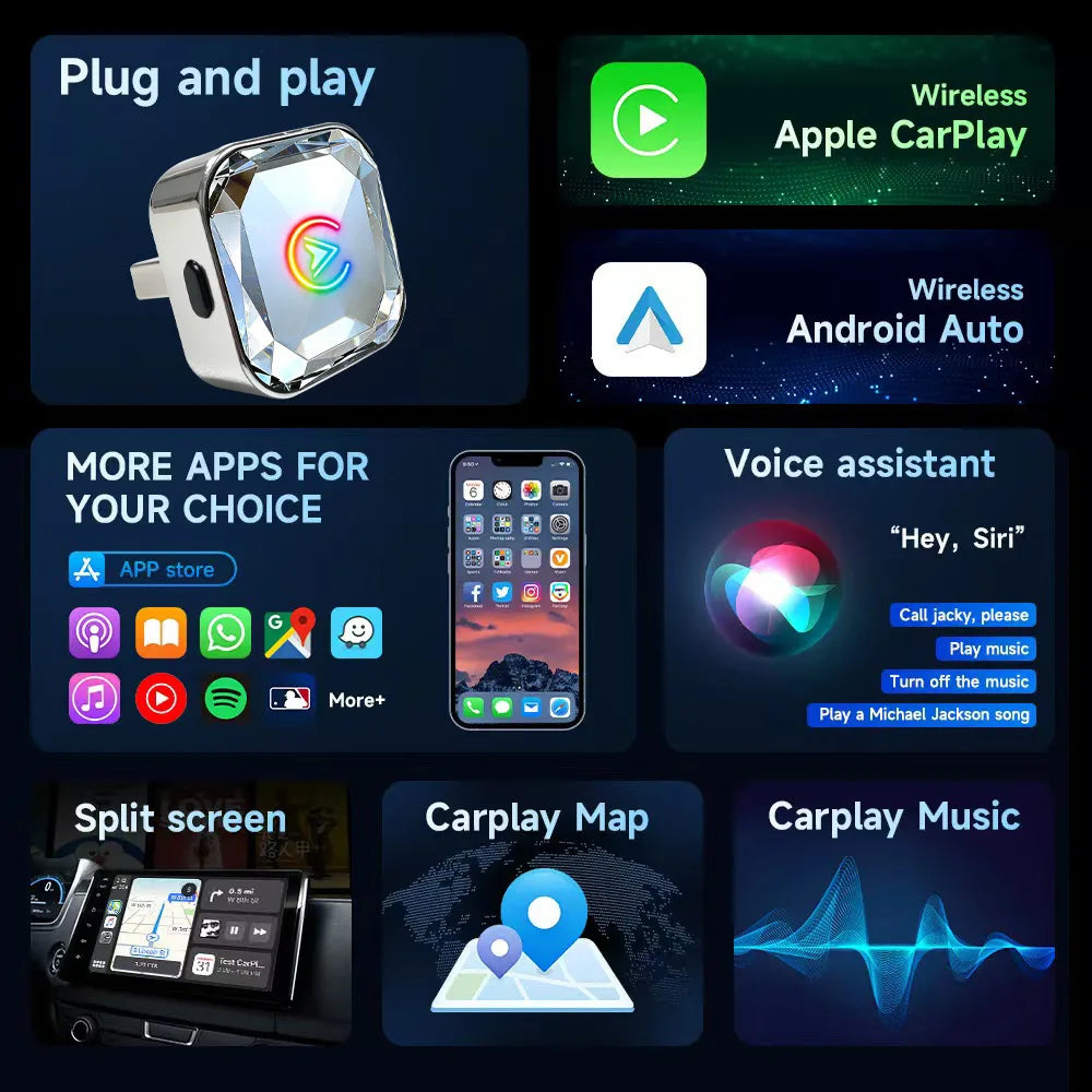 Adaptador inalámbrico 2 en 1 para CarPlay y Android Auto con WiFi y Bluetooth