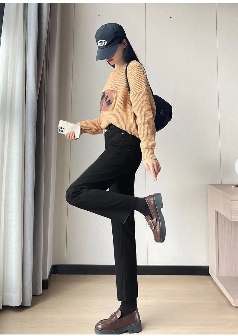 Pantalones Vaqueros Y2K con Forro Polar para Mujer, Cintura Alta, Pierna Recta