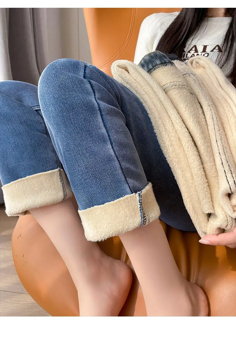 Pantalones Vaqueros Y2K con Forro Polar para Mujer, Cintura Alta, Pierna Recta