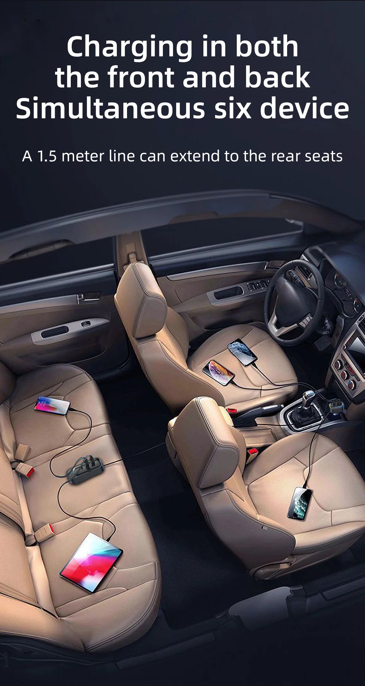 Cargador USB de 6 Puertos para Auto con Extensión para Asientos Traseros