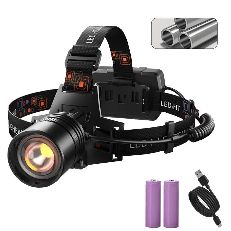 Linterna Frontal LED Recargable de Aluminio con Zoom, para Camping y Pesca