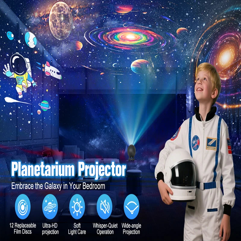 Proyector planetario para dormitorio, 12 discos de imágenes, proyectores de galaxia, luz nocturna de estrellas, iluminación de ambiente de techo, lámpara espacial