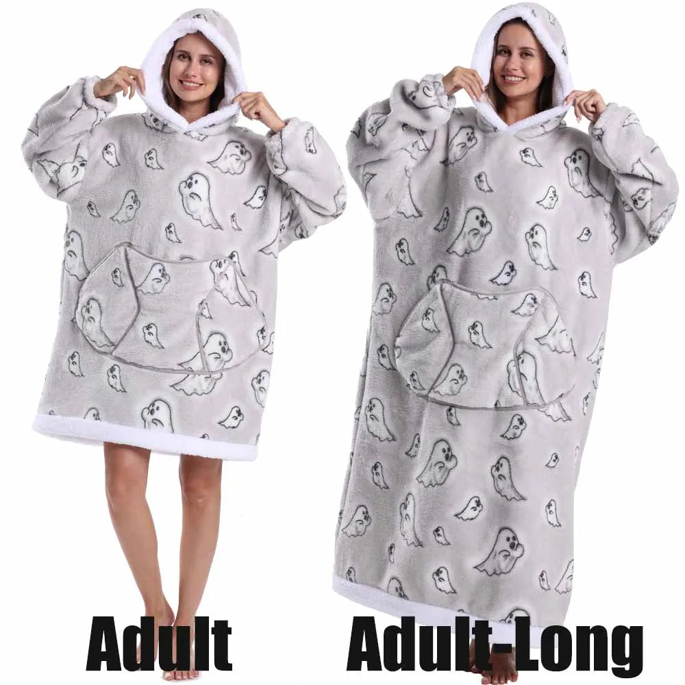Sudaderas con capucha para mujer, Top de manga larga esponjoso y cálido en negro y gris, sudadera con capucha de fantasma y calavera de calabaza para Halloween, manta de gran tamaño para adultos, ropa de invierno