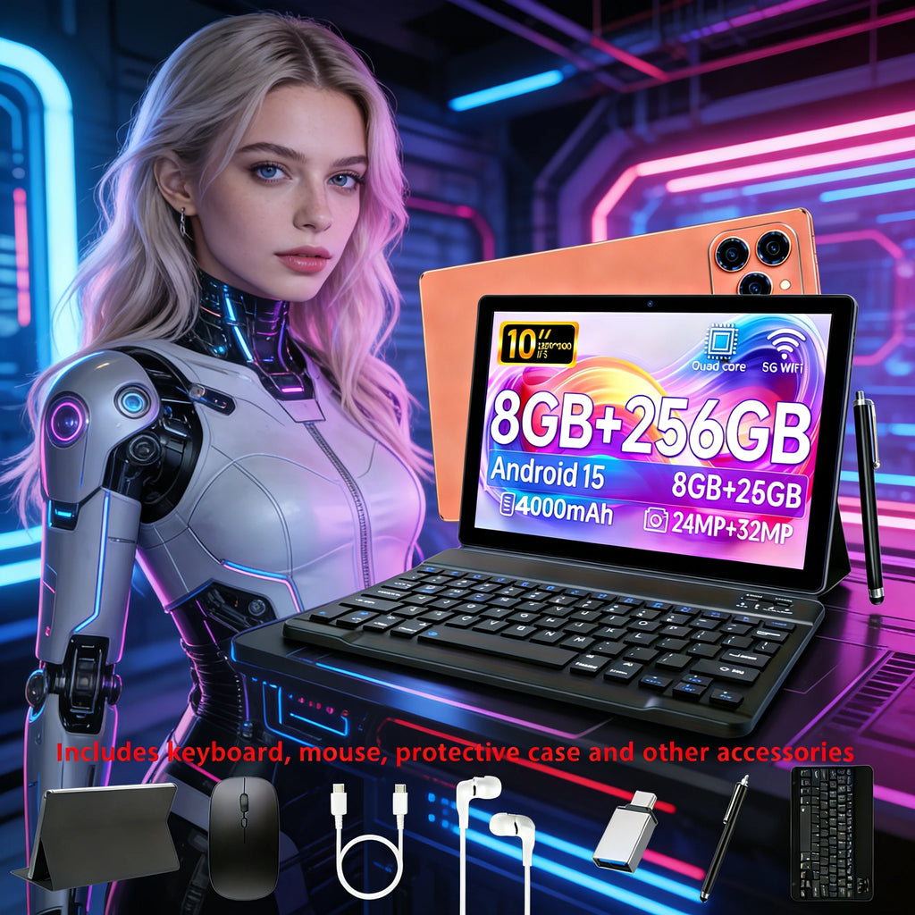Tablet PC de 10 pulgadas, sistema Android 15, procesador de cuatro núcleos, 8 GB + 256 GB de almacenamiento, expandible hasta 1 TB, compatible con WiFi 6