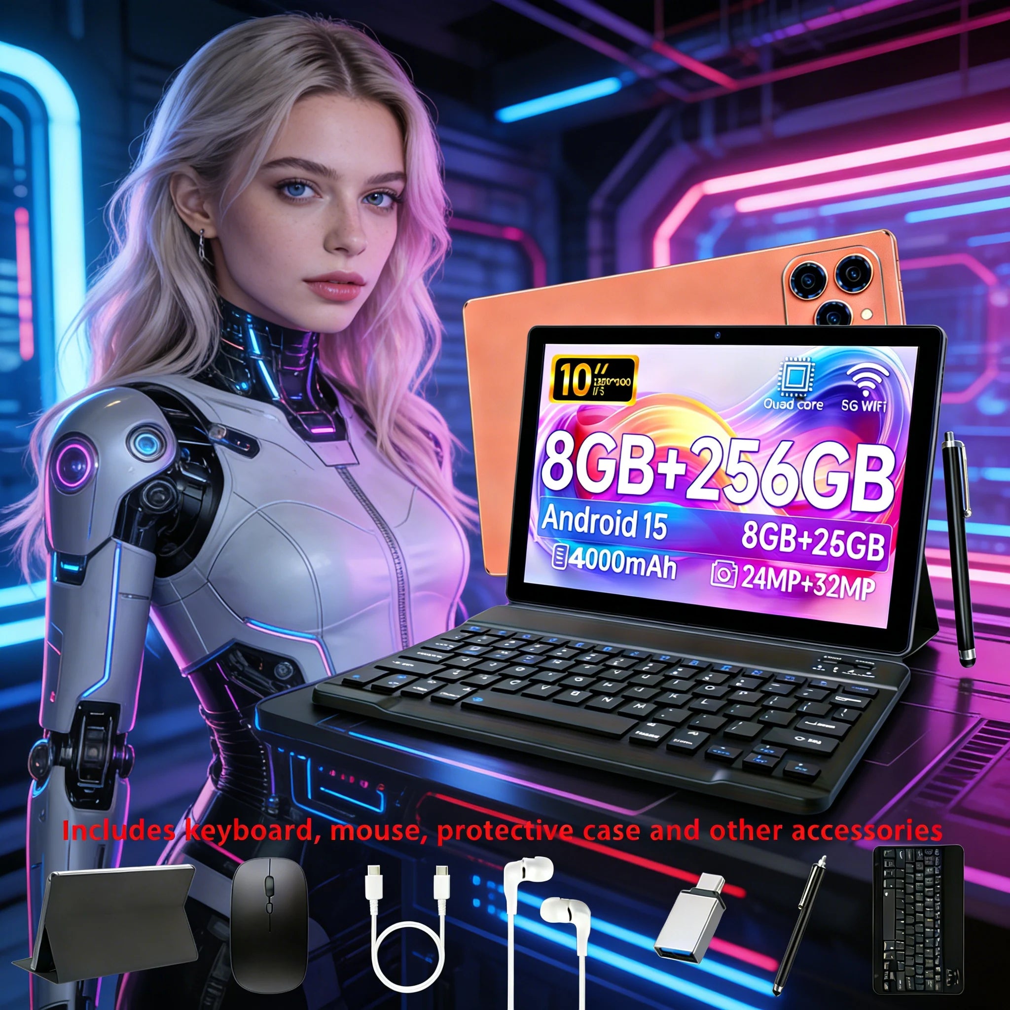 Tablet PC de 10 pulgadas, sistema Android 15, procesador de cuatro núcleos, 8 GB + 256 GB de almacenamiento, expandible hasta 1 TB, compatible con WiFi 6
