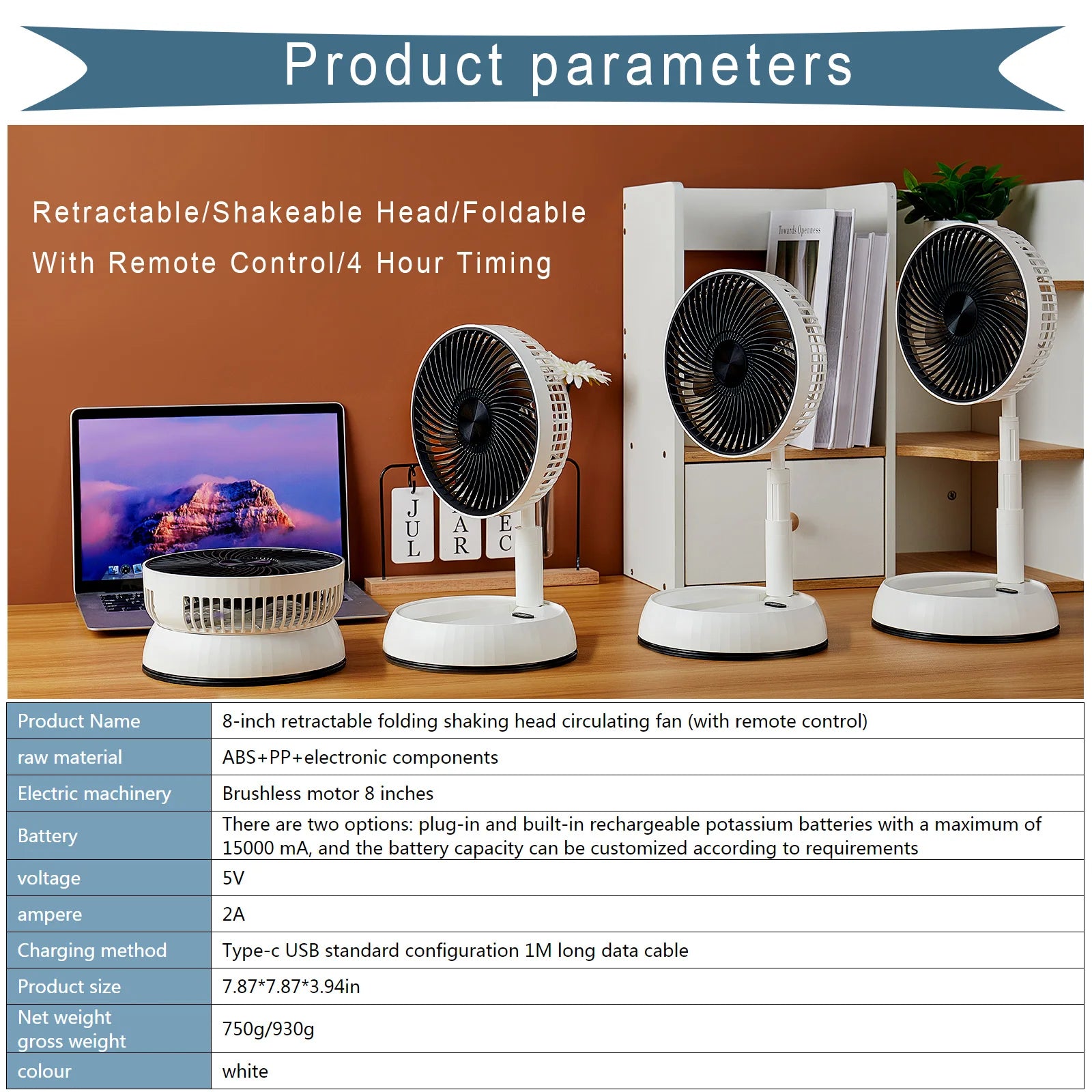 Ventilador plegable telescópico, ventilador de escritorio con Control remoto, ventilador de suelo, recargable, portátil, USB, de 8 pulgadas, para acampar