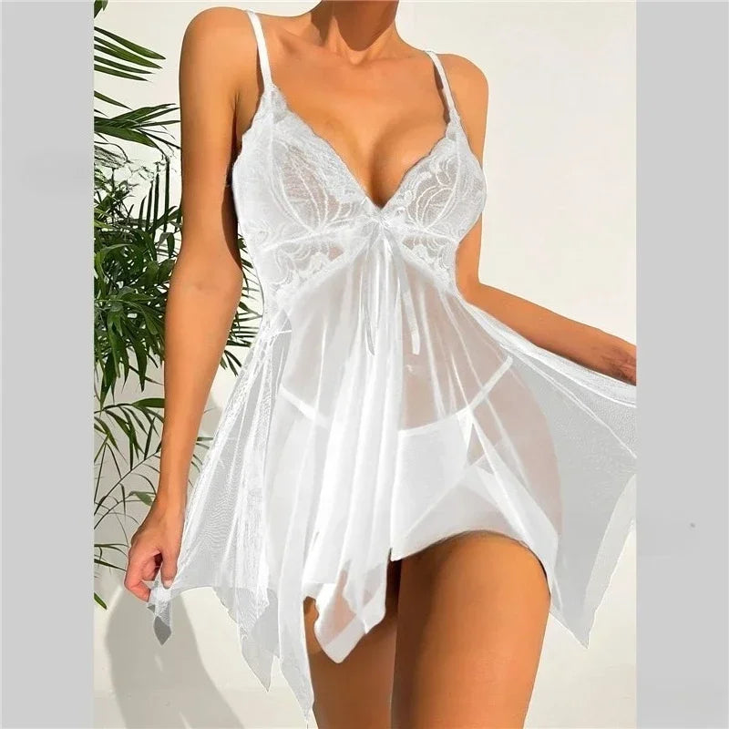 Camisón de Encaje y Malla Sexy Babydoll para Mujer