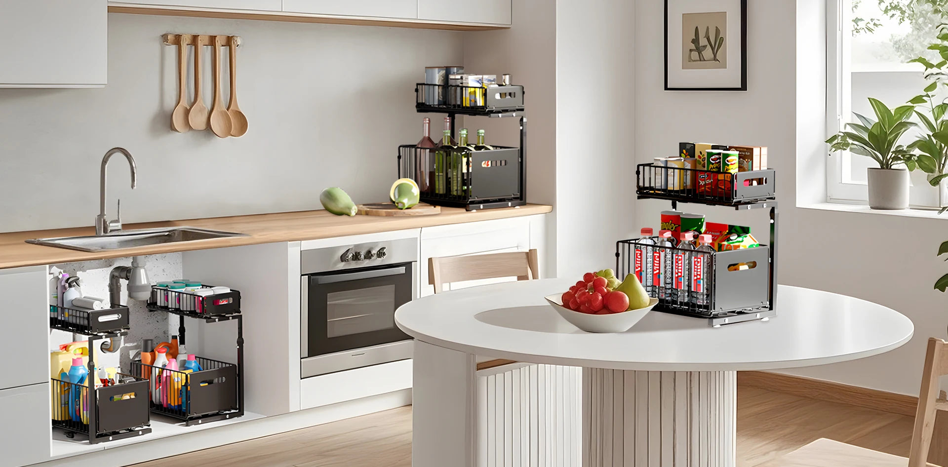Organizador de gabinete extraíble de 2 niveles, estante de almacenamiento de cocina ajustable, organizador debajo del fregadero, estante de almacenamiento para tarros de especias, cajón deslizante