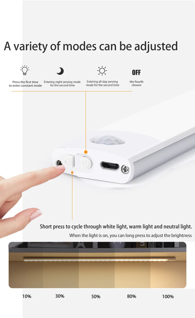 Barra de luz LED con Sensor de movimiento, luz nocturna Led recargable por USB para cocina, armario, iluminación de armario, 30cm/40cm/50cm