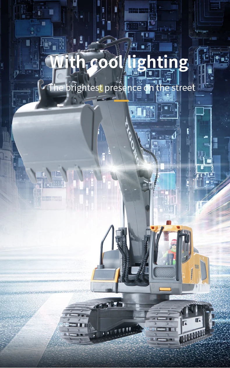 Excavadora RC 1:20 con Volcador y Bulldozer, Luz y Música