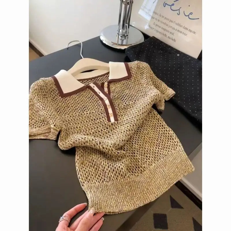 Camiseta de Punto Brillante Vintage con Cuello Polo
