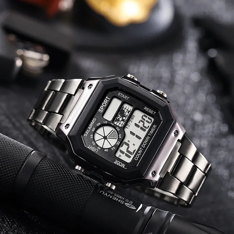 Reloj Digital YIKAZE para hombre, correa de acero inoxidable, relojes deportivos con cuenta atrás, reloj de pulsera electrónico Led resistente al agua para regalo de hombre
