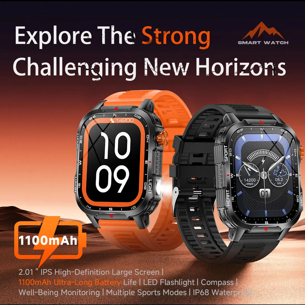 Reloj inteligente de gran tamaño para hombre, iluminación militar para exteriores, batería de 1100Mah, rastreador de Fitness GPS, reloj inteligente de ritmo cardíaco resistente al agua y 10ATM