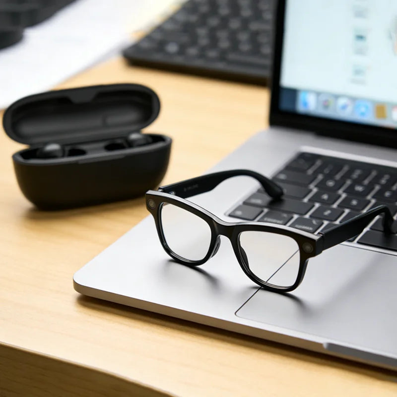 Lentes Inteligentes M02 con IA, Reproductor de Música con Llamadas Bluetooth, Cámara de 8MP, Traducción en Más de 100 Idiomas, Lentes de Sol con Caja de Carga