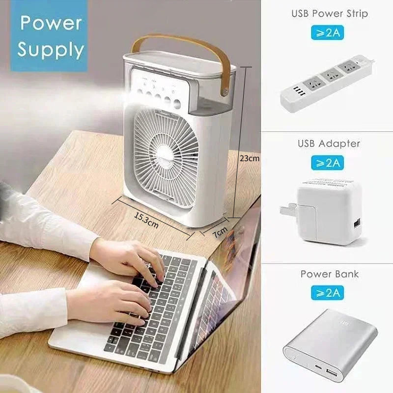 Ventilador Portátil 3 en 1 con Humidificador y Luz Nocturna