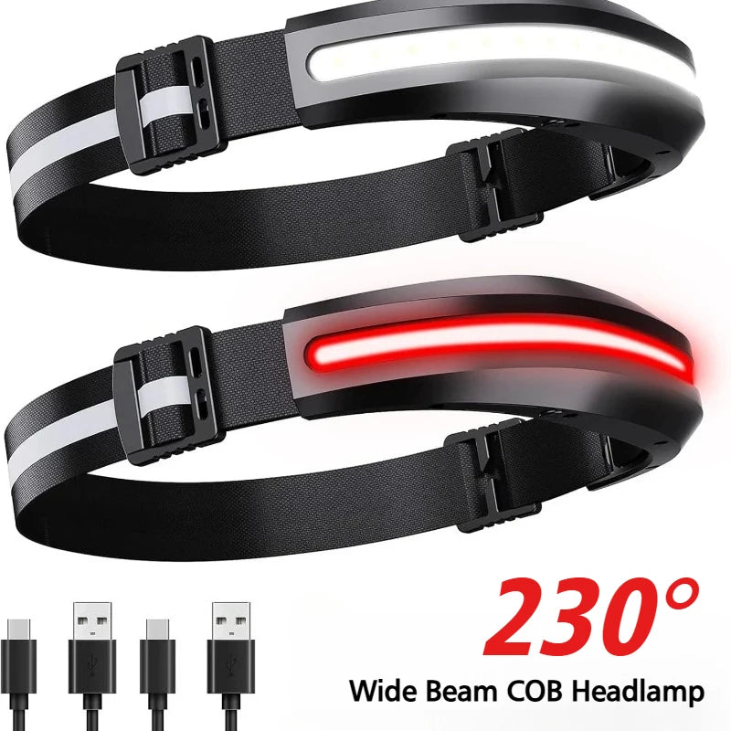 Linterna Frontal COB Recargable USB con Luz Blanca y Roja para Camping y Pesca