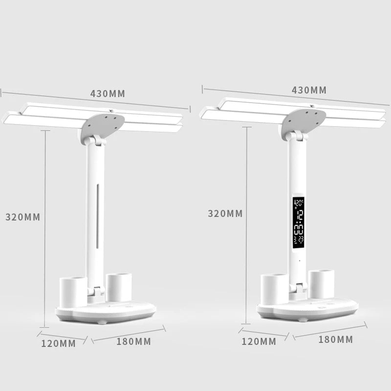 Lámpara de escritorio multifuncional 3 en 1, lámpara LED de escritorio plegable de cuatro cabezales con ventilador, calendario, reloj, lámpara de escritorio de oficina de lectura recargable por USB