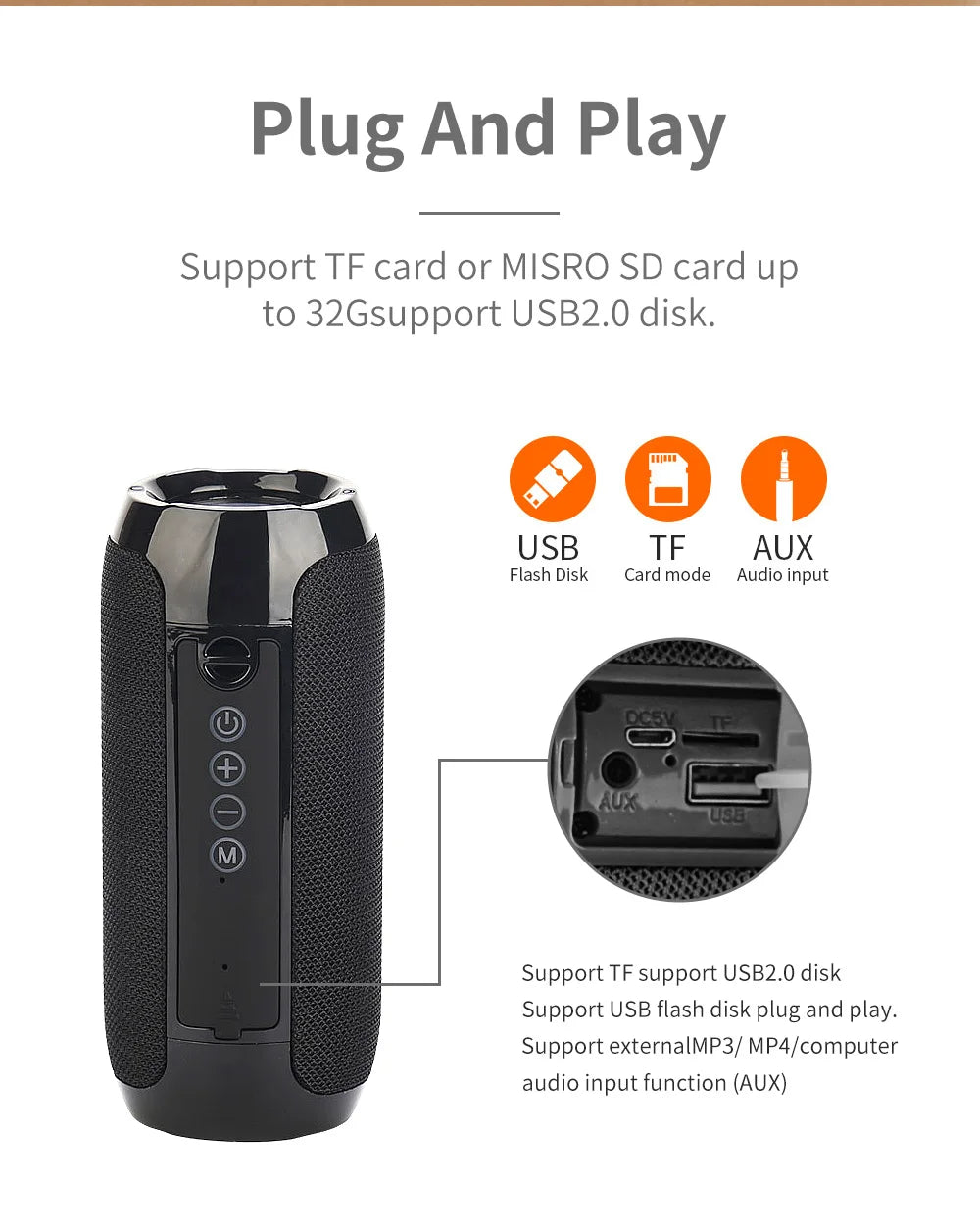 Altavoz Bluetooth T & G TG117, caja de sonido portátil TWS, altavoz resistente al agua, altavoces envolventes estéreo para exteriores, compatible con Radio FM TF