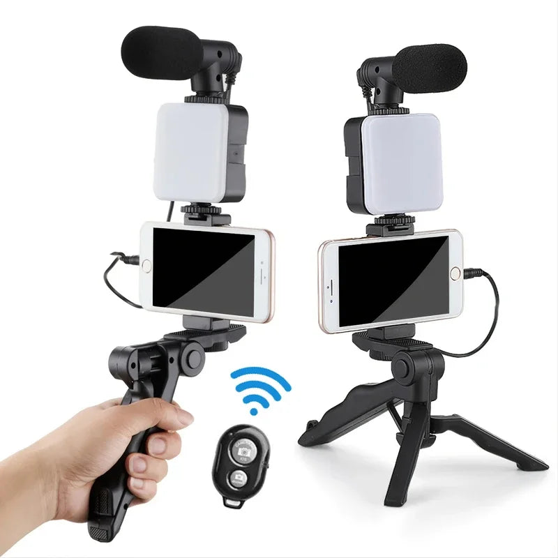 Kit de vlogging para teléfono inteligente con trípode, soporte para teléfono, Mini micrófono, luz de relleno LED, arrancador para TikTok, transmisión en vivo, vídeo, YouTube