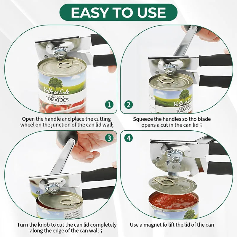 Abrelatas comercial, abrelatas con manivela Manual, abrelatas de mano resistente con borde liso para latas grandes con imán