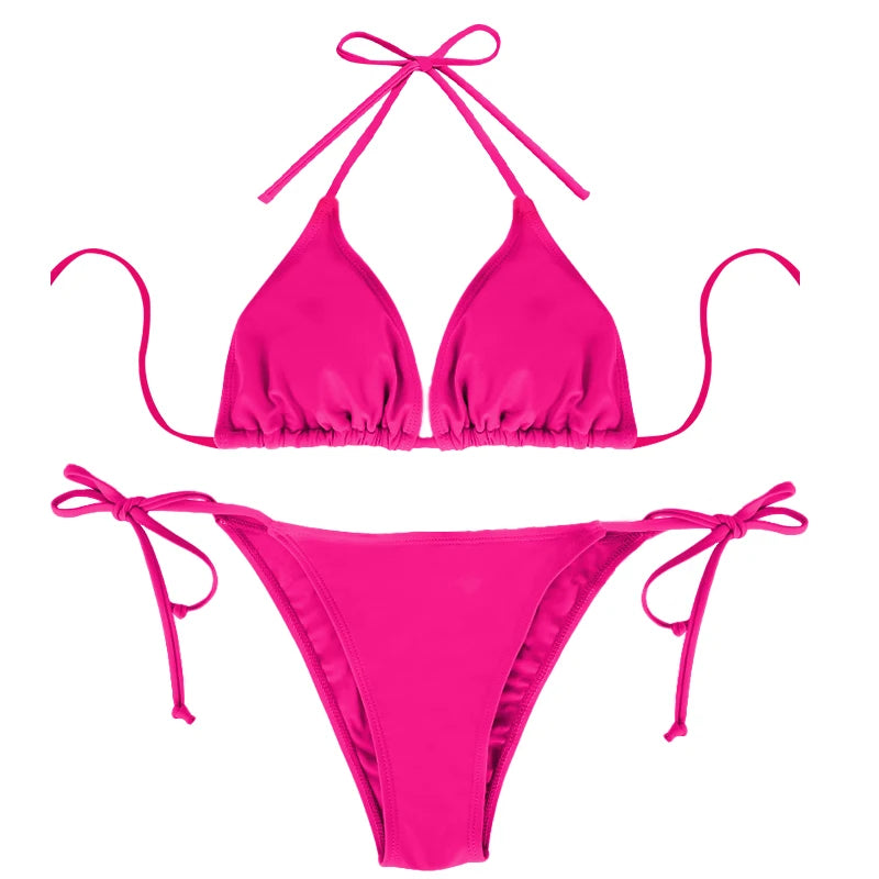 Conjunto de Bikini de 2 Piezas para Mujer, Traje de Baño Sexy de Color Rojo Rosa, con Tirantes Cruzados en la Espalda