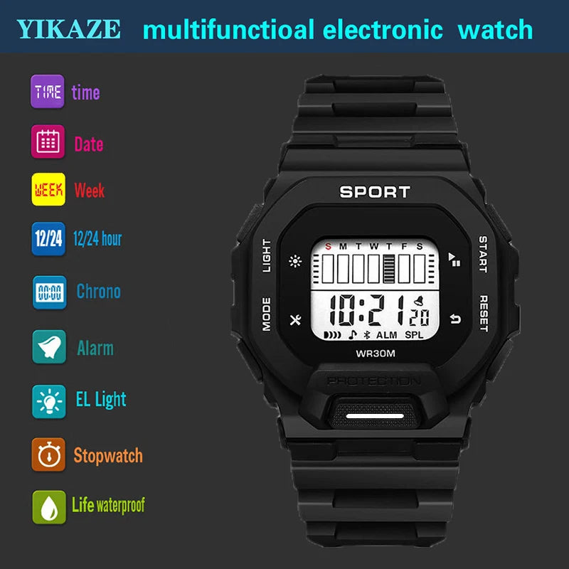 Reloj deportivo YIKAZE para hombre, relojes digitales LED resistentes al agua, tendencia de aventura al aire libre para estudiantes, reloj electrónico multifuncional para regalo