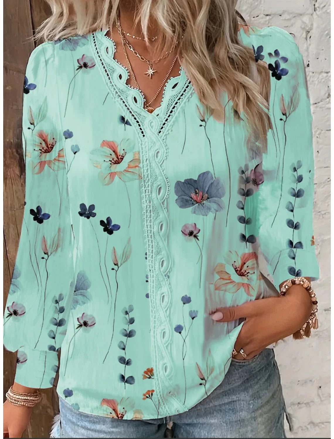 Camisa de Manga Larga con Volantes y Estampado para Mujer