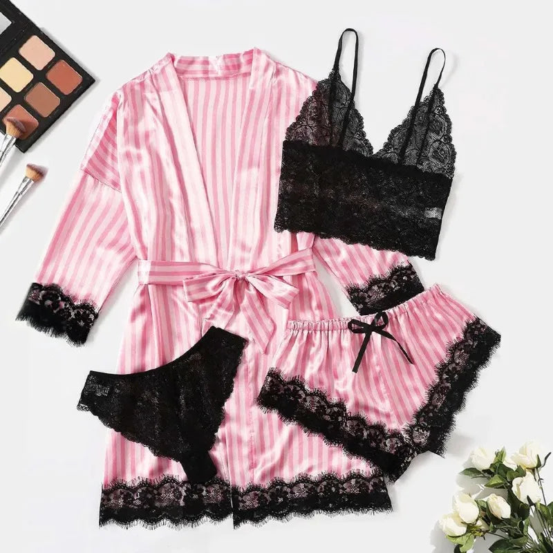 Conjunto Pijama de Satén 4 Piezas con Bata - Top con Encaje para Mujer