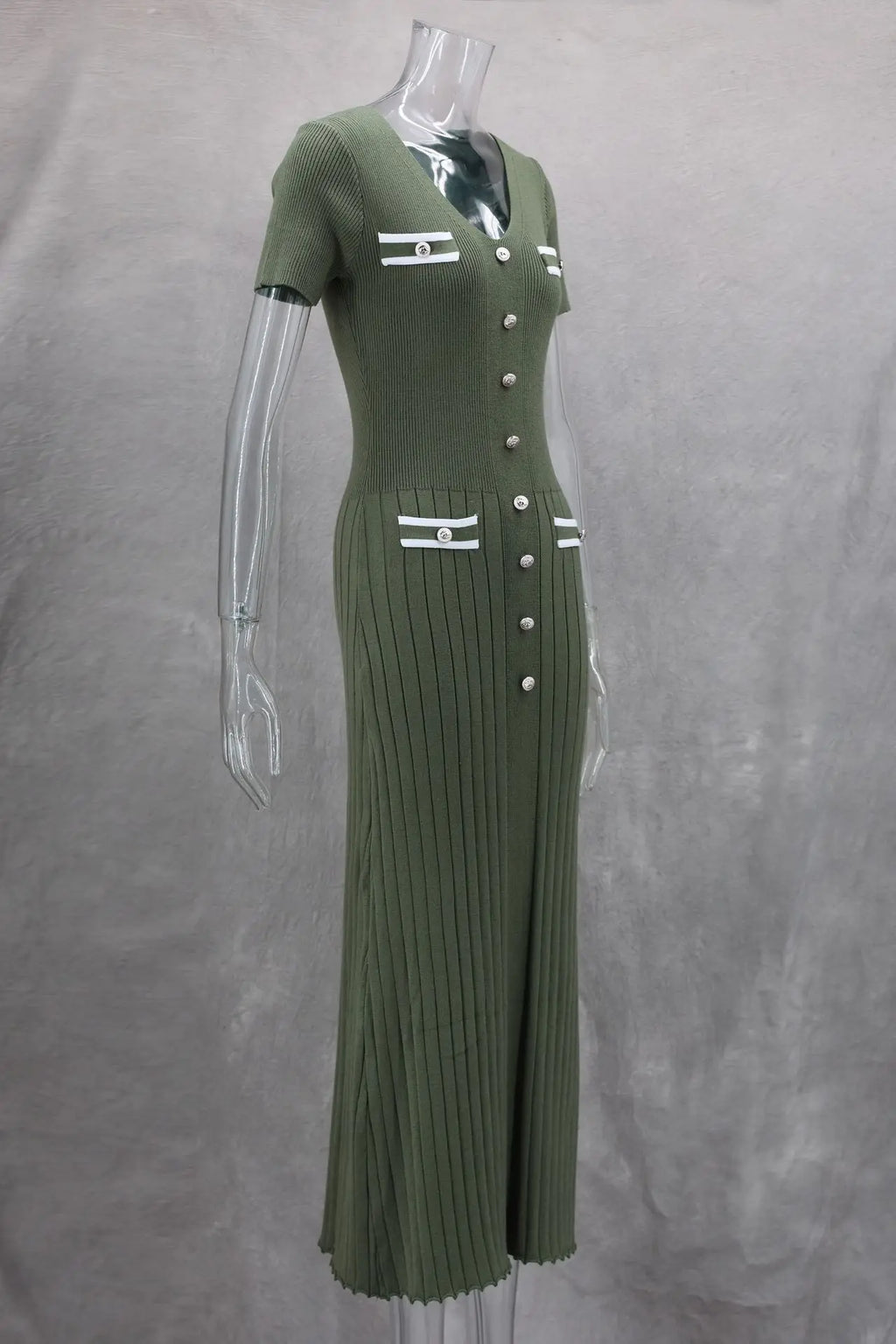 Vestido largo de punto con cuello en V para mujer, suéter elegante de un solo pecho, ropa de calle ceñida al cuerpo, moda de verano, 2024