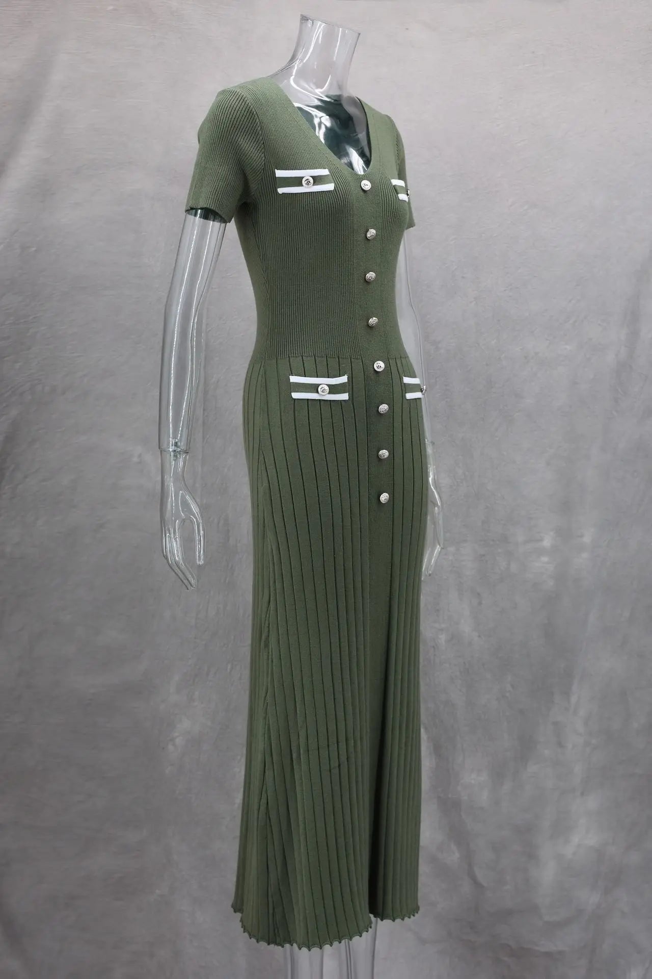 Vestido largo de punto con cuello en V para mujer, suéter elegante de un solo pecho, ropa de calle ceñida al cuerpo, moda de verano, 2024