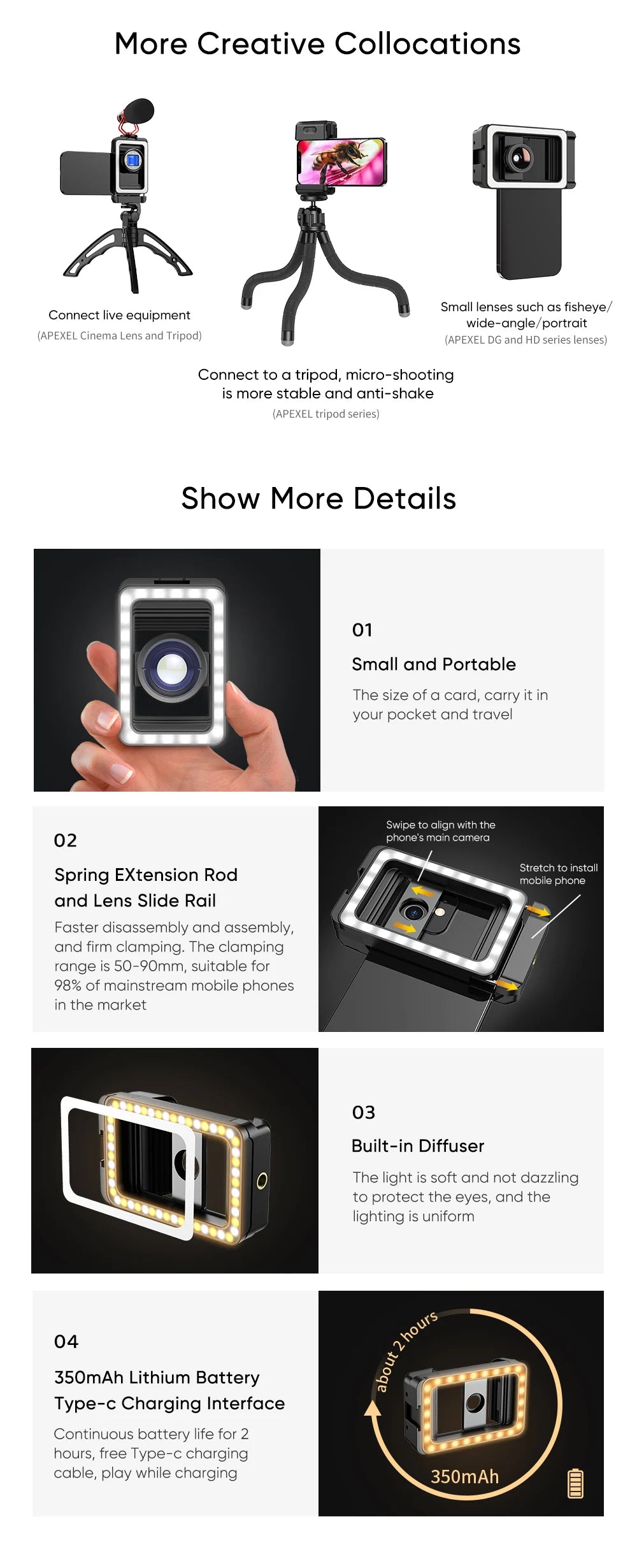Lente Macro 4K HD 100mm APEXEL con Luz LED para Smartphone