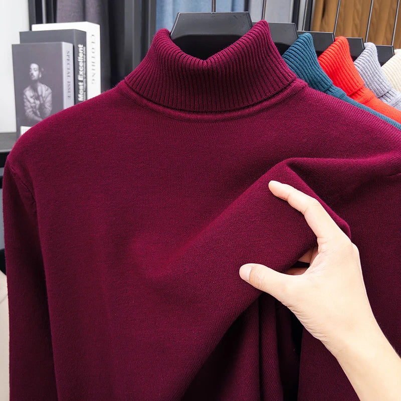 Otoño para hombre de alta calidad de punto suéter de cuello alto ajustado de manga larga anti-pilling jersey Color sólido tendencia hombres Streetwea