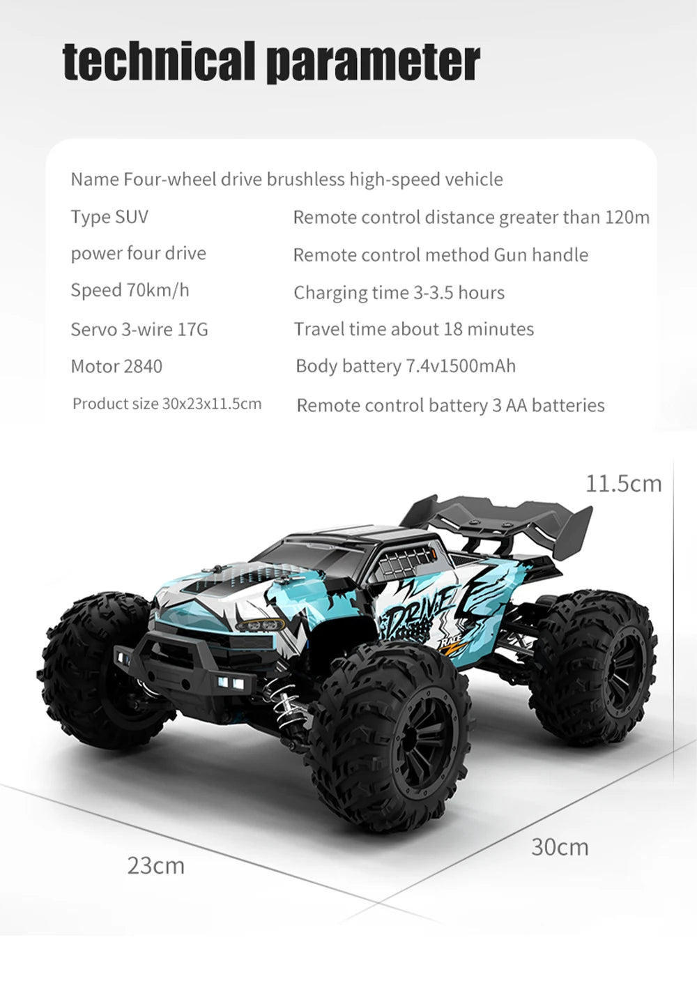 Coche RC Todoterreno 1:16 4WD sin Escobillas, 70 KM/H con Luces LED