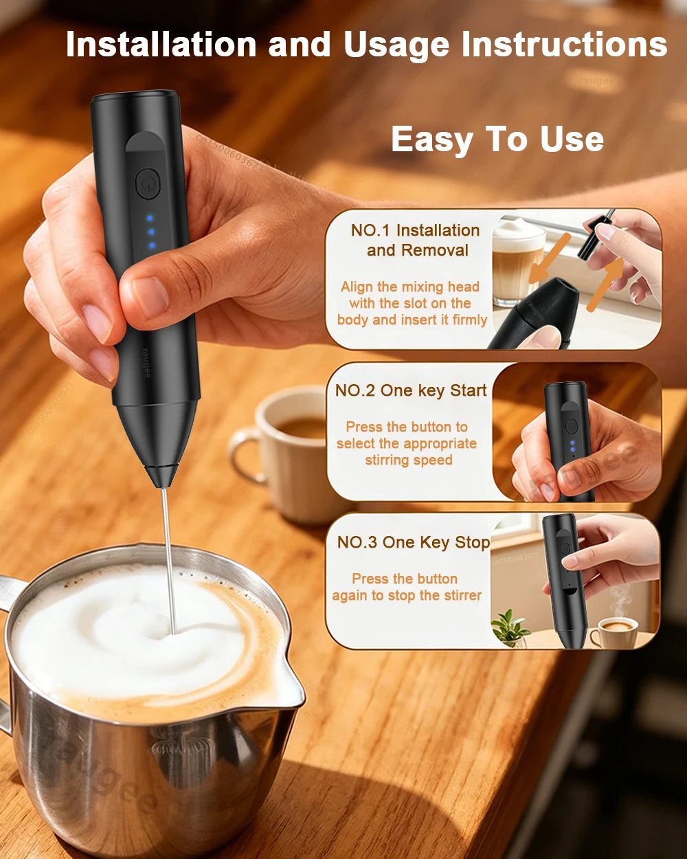 Espumador de leche inalámbrico recargable USB-C con 3 velocidades
