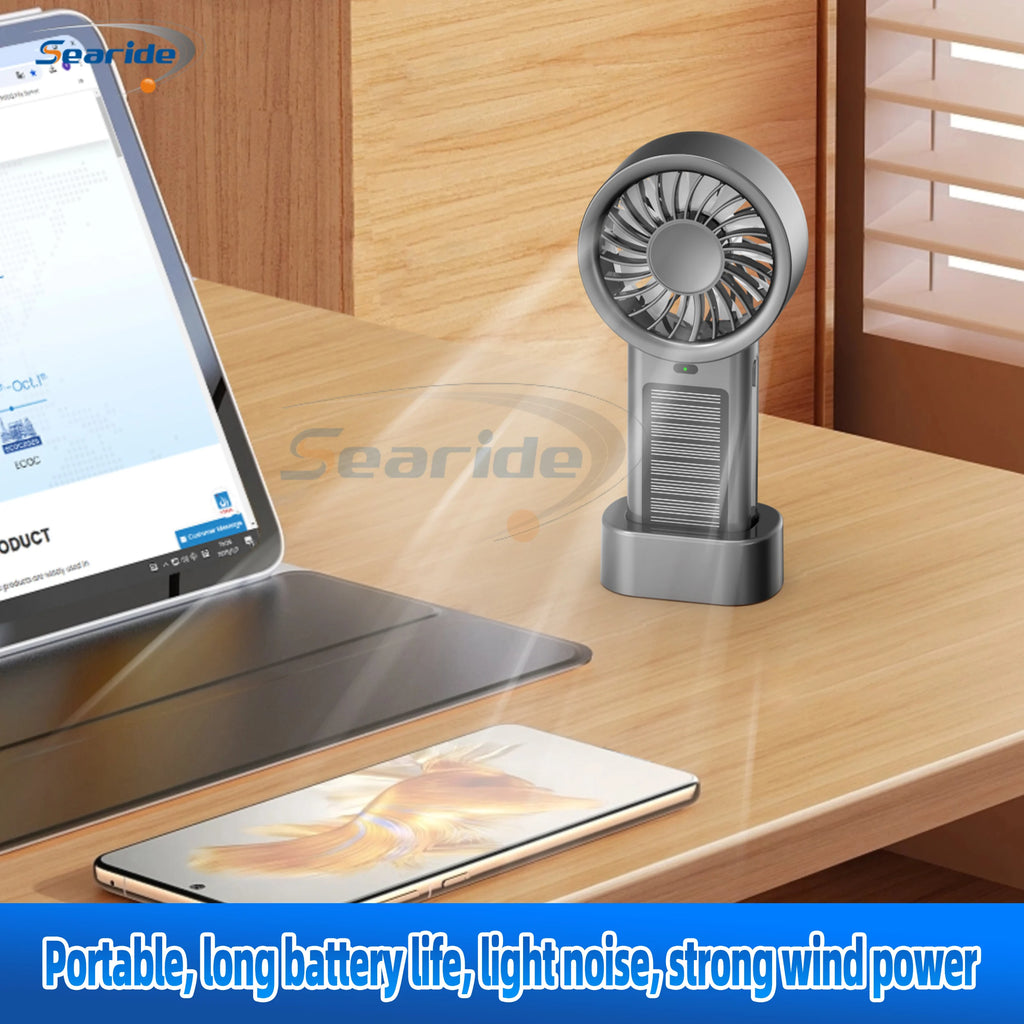 Ventilador solar portátil 5 velocidades, recargable USB para camping