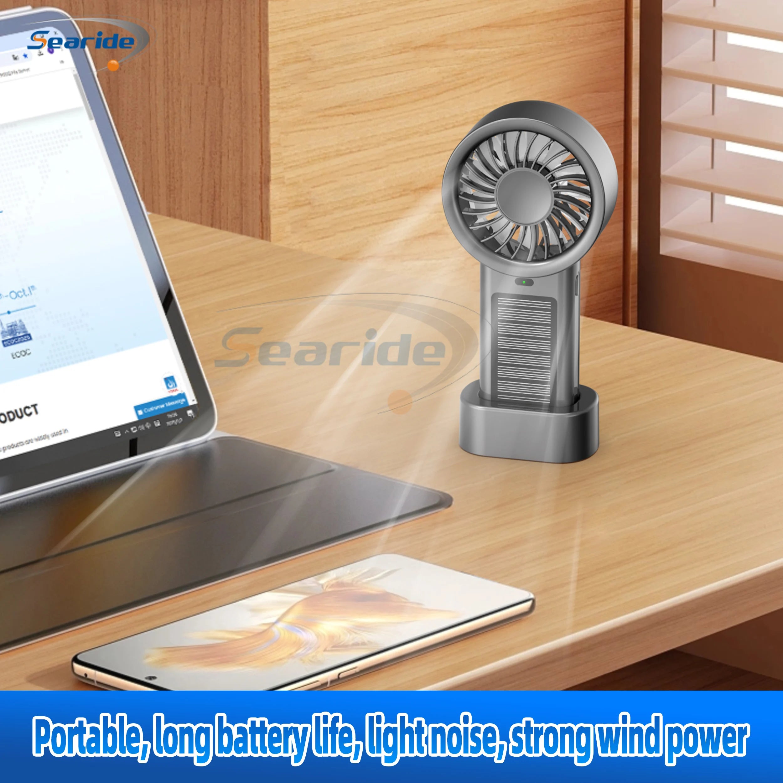 Ventilador solar portátil 5 velocidades, recargable USB para camping
