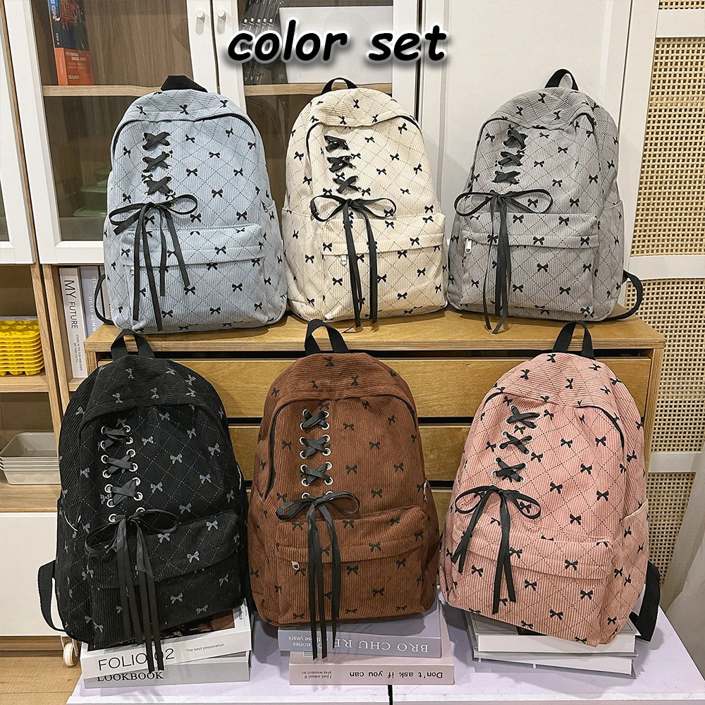 Mochila de Ocio, Mochila de Pana con Lazo para Primavera y Verano, Mochila de Gran Capacidad Estilo Universitario, Mochila para Viajar al Trabajo