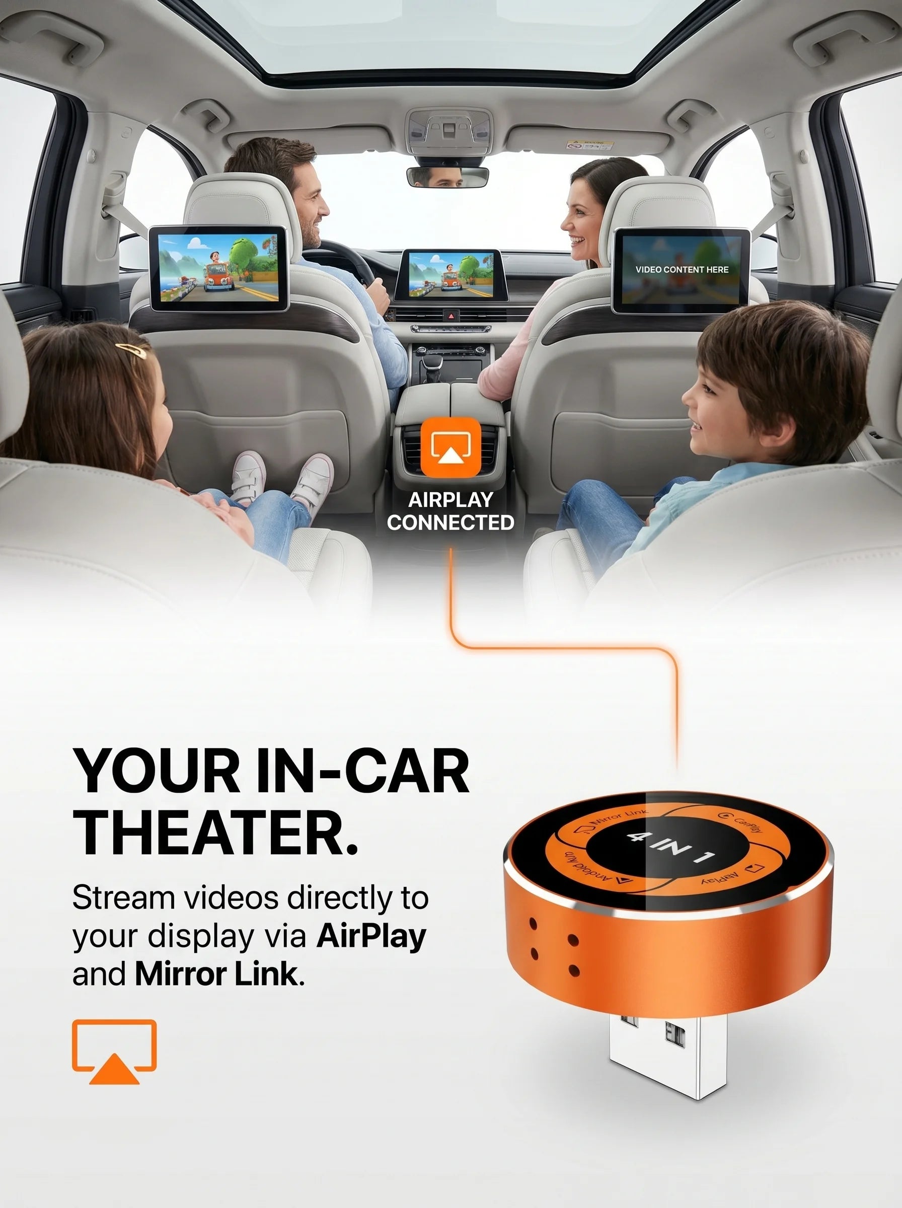 Adaptador inalámbrico 4 en 1 para Apple CarPlay, Android Auto, AirPlay y MirrorLink con funciones de duplicación de pantalla.